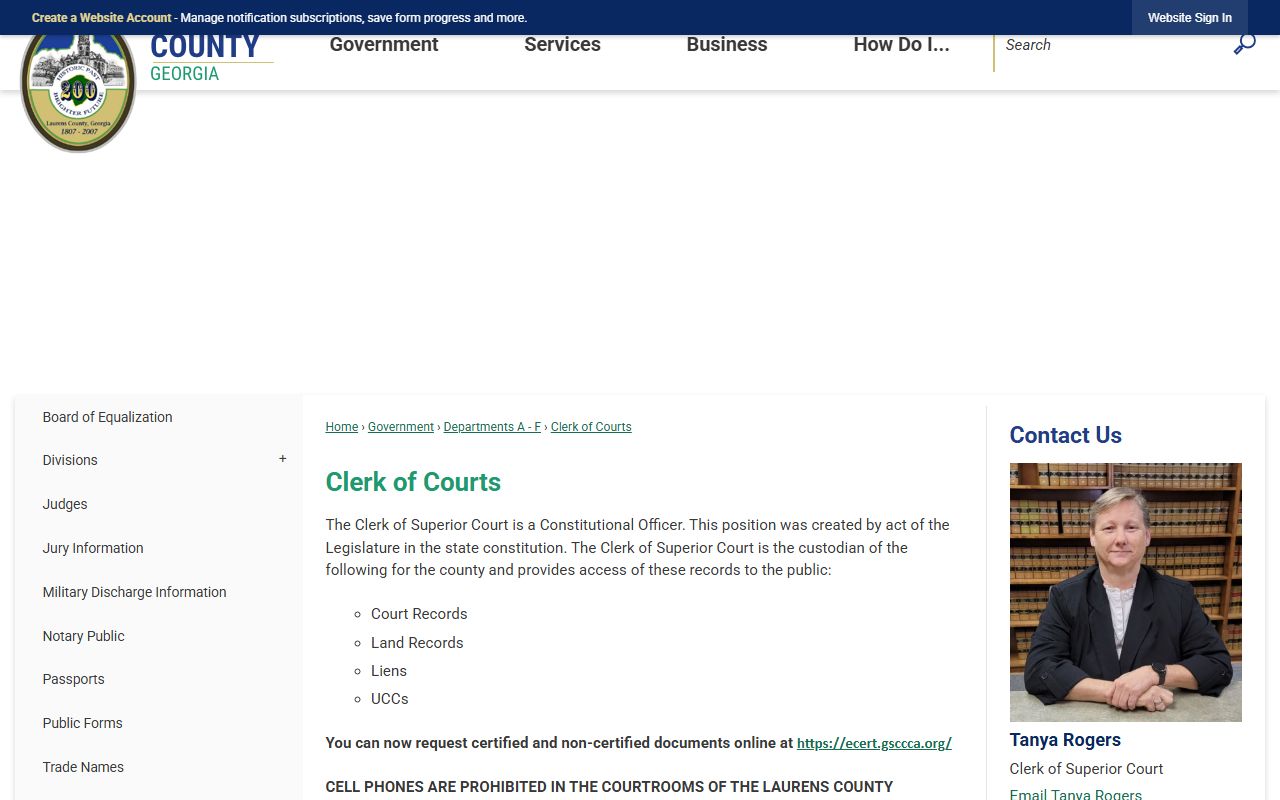 Laurens County Clerk of Courts page with Tanya Rogers contact block and online document request notice