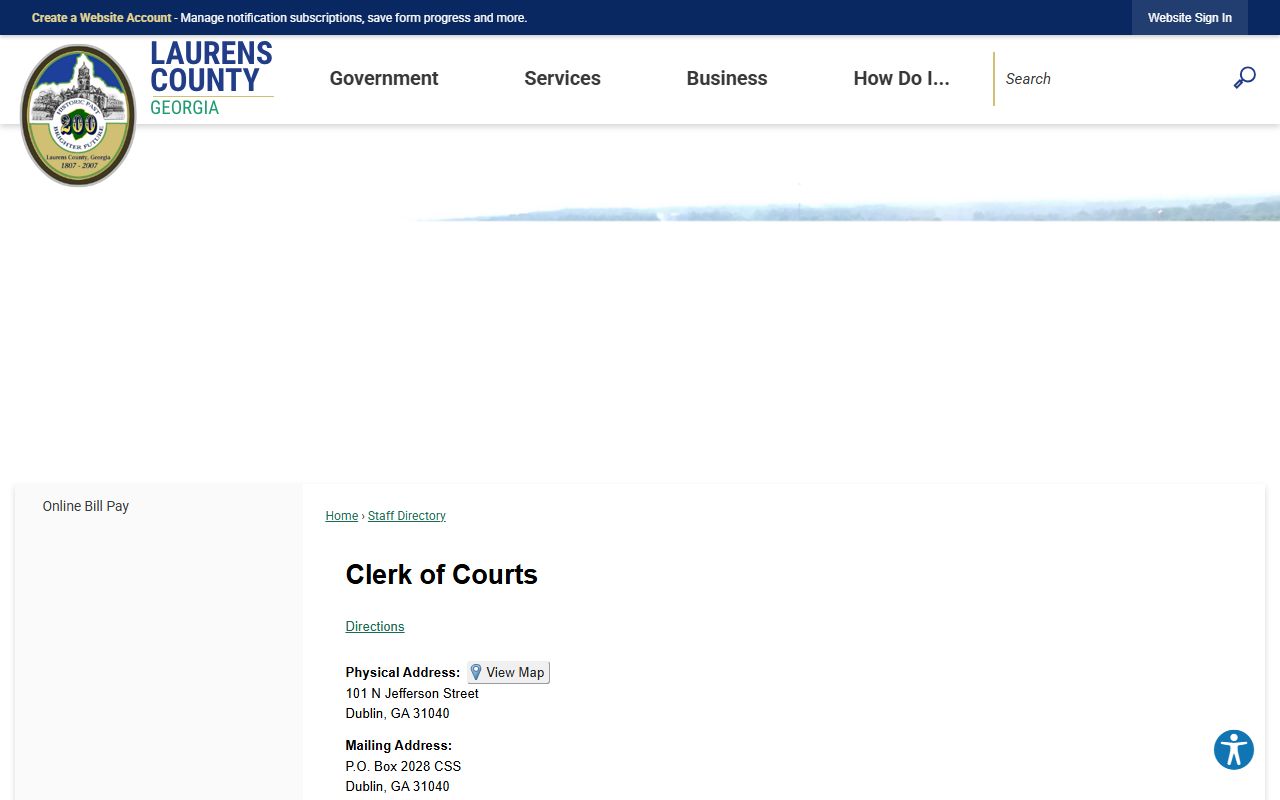 Laurens County clerk staff directory page showing clerk and court division contacts