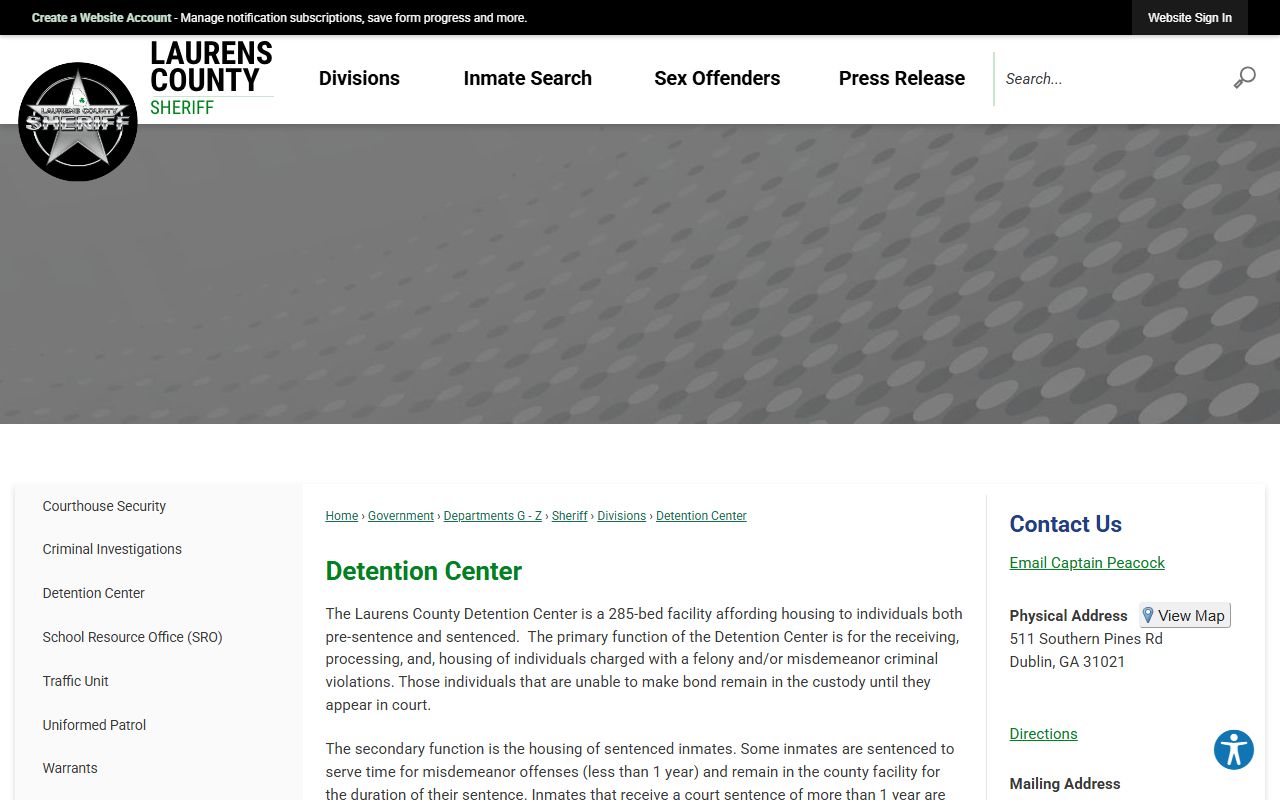 Laurens County inmate search Detention Center page