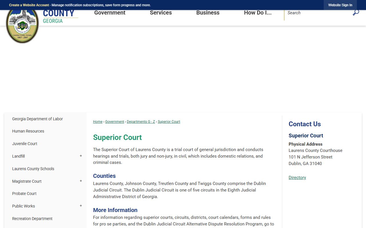 Laurens County Superior Court page showing Dublin Judicial Circuit and courthouse address